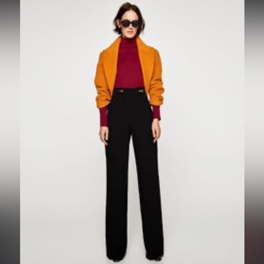 Zara Button High-Waisted Waist Straight Wide Side Zip Suit Trousers Slacks Pants